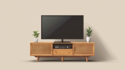 Smart TV on wooden cabinet on soft brown background.