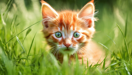 Naklejka na ściany i meble orange kitten in the grass