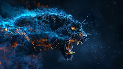 Fierce jaguar snarling aggressively, surrounded by mystical blue flames and orange embers. Big wild leopard in the forest at night. 
