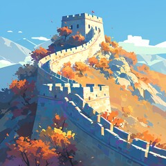 Striking Illustration of the Ancient Great Wall of China with Autumn Colors and Spectacular Mountain Views