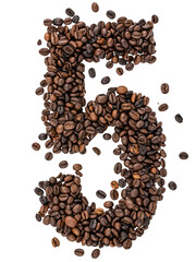 Number 5 made from roasted coffee beans on white isolated background.