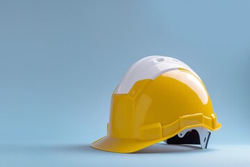 Fototapeta premium White yellow hard safety helmet hat with copy space, construction safety helmet, safety helmet, construction background