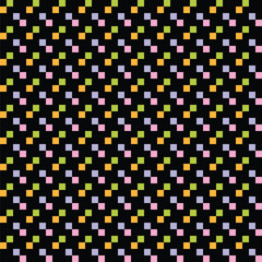 Abstract pixel seamless pattern in vibrant colors. Flat multi color abstract pattern with black background.