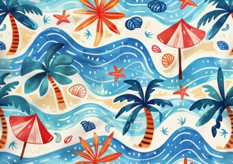 A beach themed with palm trees, umbrellas and shells on the shore with blue waves.