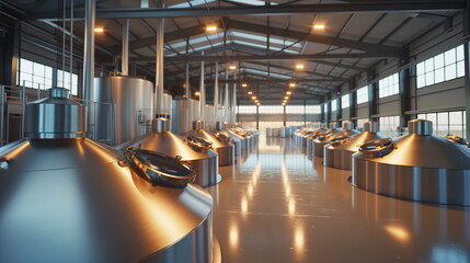 Brewery or alcohol production factory. Large steel fermentation tanks in spacious hall