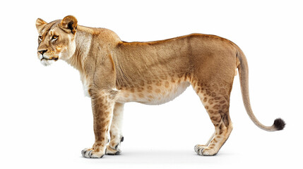 Majestic lioness standing proudly on white background, exuding strength and grace.
