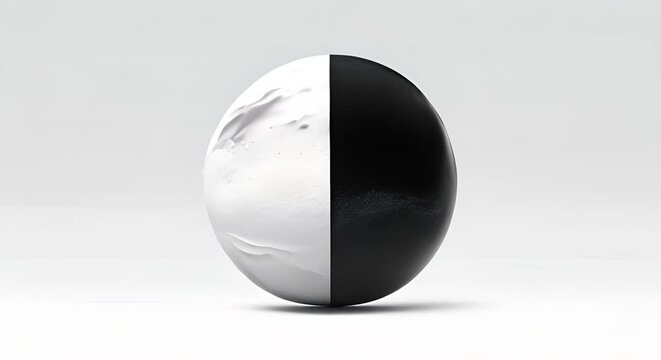 A close-up image depicting a sphere split into two halves, with the left half covered in smooth white substance and the right half in textured black substance.