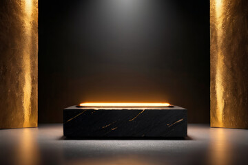 3D podium , pedestal in the studio black, gold, for advertising goods, cosmetics, things, luxury