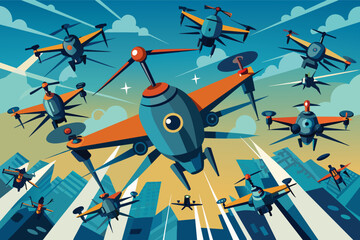 Drone swarm performing synchronized aerial maneuvers - obrazy, fototapety, plakaty