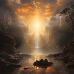 Ethereal scene depicting the Resurrection Glow, where soft, golden light emanates from a serene landscape, symbolizing renewal and rebirth, the glow bathes everything in warmth - obrazy, fototapety, plakaty