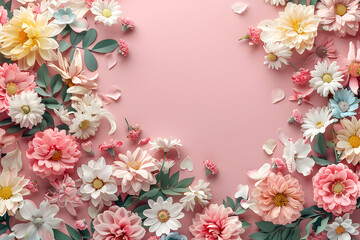 Obraz premium Floral background feminine flowers in pastel colors. Valentine's day, Mother's day, Women's day postcard. Flat lay copy space.