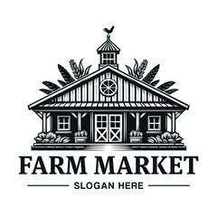 Farm House vector and farm market logo with vintage farm buildings in woodcut style
