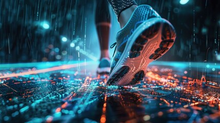 Illustration runner legs with shoes with fast hologram graphic effect. AI generated image