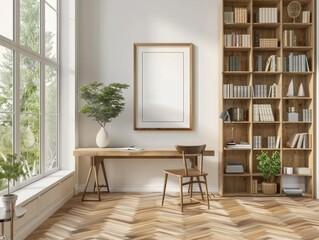 Frame mockup,Empty Picture Frame on Desk with Plant and Pen Holder, high-resolution (300 DPI)