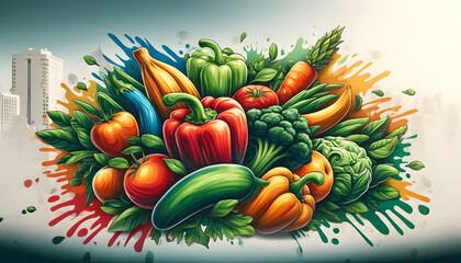Graffiti d'une nature morte de légumes sur un mur - obrazy, fototapety, plakaty