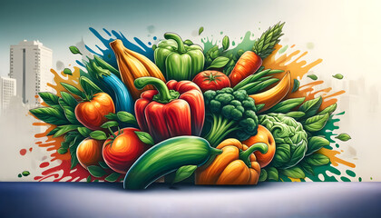 Graffiti d'assortiment de légumes sur un mur  - obrazy, fototapety, plakaty
