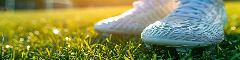 Wall mural Close-up of soccer cleats on vibrant green grass in sunlight.