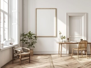 Fototapeta premium Frame mockup,Empty Picture Frame on Desk with Plant and Pen Holder, high-resolution (300 DPI)