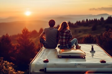 couple at sunset on the roof of a van. van life - Powered by Adobe
