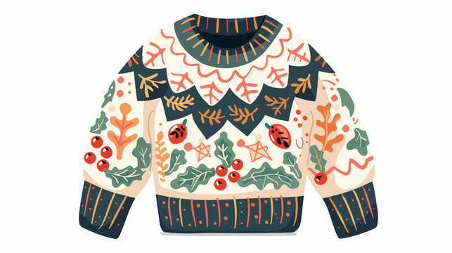 Warm sweater decorated with holly berries leaves 