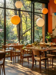 Modern Cafe Interior with Orange Paper Lanterns