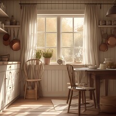 Cozy Farmhouse Kitchen: Sunlit Cooking Space with Wooden Tables and Cabinets - obrazy, fototapety, plakaty