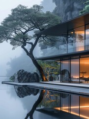 Modern House with Infinity Pool and Nature View at Dusk