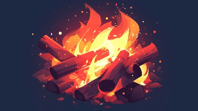 Web icon featuring a vibrant bonfire 2d illustration depicting a crackling blaze with wooden logs