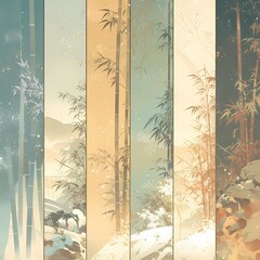 Vivid and Serene Bamboo Bonsai Illustration: A Journey Through the Seasons