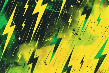 Yellow lightning bolt,  Thunderbolt on green background. Thunder background - obrazy, fototapety, plakaty