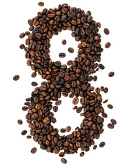 Number 8 made from roasted coffee beans on white isolated background.