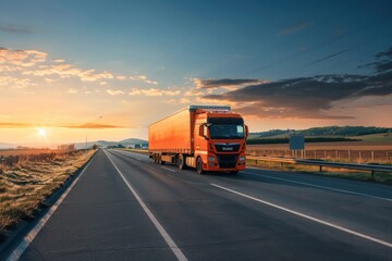 Orange freight truck on a highway through sunny rural landscape at sunset