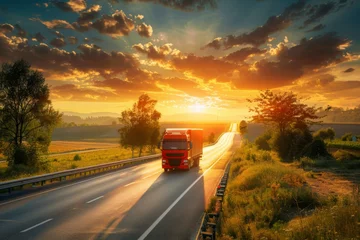 Poster Im Rahmen Orange freight truck on a highway through sunny rural landscape at sunset © Glce