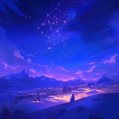 Fototapeten Vibrant Starry Night Desert Scene with Fireflies and Castle - Dreamy Illustration for Travel or Fantasy Marketing © RobertGabriel