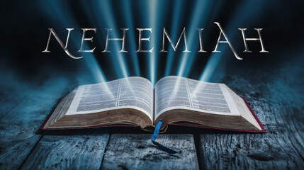The book of Nehemiah. Open bible with blue glowing rays of light. On a wood surface and dark background. Related to this book: Rebuilding, Leadership, Restoration, Jerusalem, Wall, Exile, Faithfulness