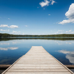 Empty Wooden Pier on Tranquil Lake with water reflection of the Sky