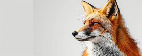 A sly fox with a twinkle in its eye against a sleek white backdrop