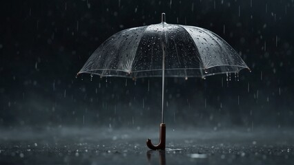 umbrella in rain, rain on the rain, Transparent umbrella under rain against water drops splash background. Rainy weather concept