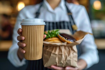 An up-close view of a barista's hands holding a corrugated takeaway coffee cup and a paper bag with a fresh baguette sandwich - Powered by Adobe