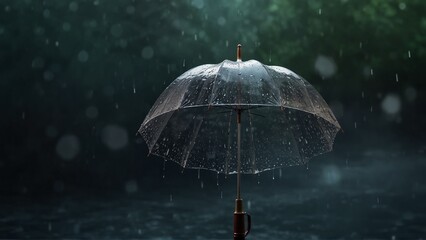 umbrella in rain, rain on the rain, Transparent umbrella under rain against water drops splash background. Rainy weather concept