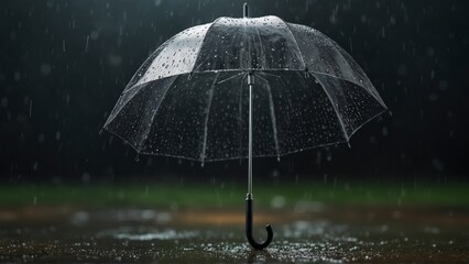 Transparent umbrella under rain against water drops splash background. Rainy weather concept