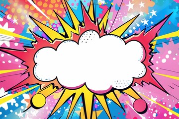 cartoon speech bubble, empty and ready for your message, surrounded by a joyful explosion of colorful clouds, stars, bubbles, and rainbows on a cheerful pink, blue, yellow background