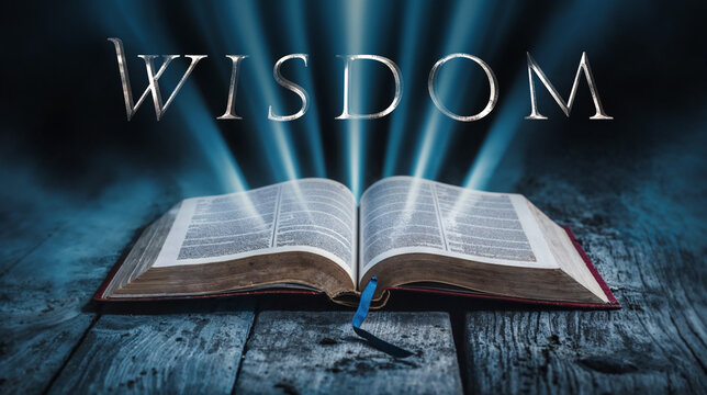 The book of Wisdom. Open bible with blue glowing rays of light. On a wood surface and dark background. Related to this book: Righteousness, Knowledge, Virtue, Immortality, Justice, Understanding