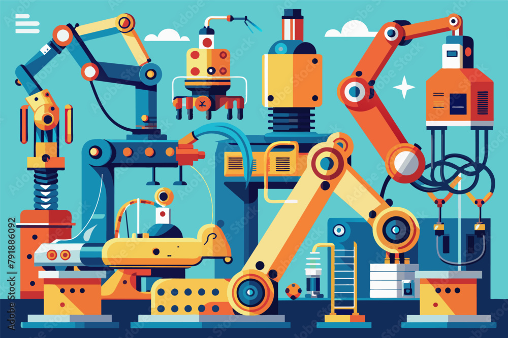Poster Robotic arms assembling intricate machinery with precision