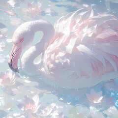 Delicate Pink Flamingo Floating in Serene Water Lily Pond - obrazy, fototapety, plakaty
