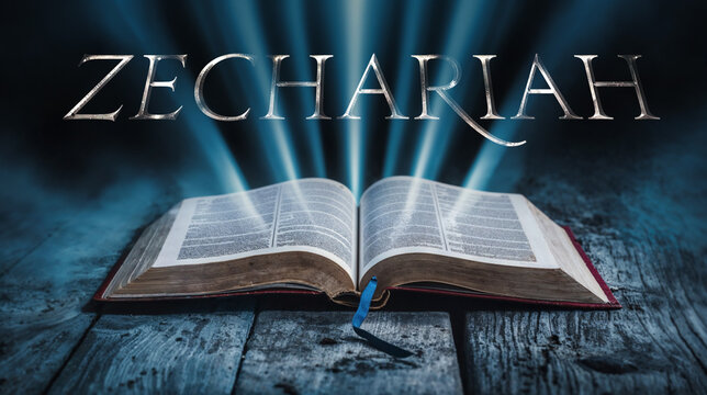 The book of Zechariah. Open bible with blue glowing rays of light. On a wood surface and dark background. Related to this book: Visions, Prophecy, Restoration, Messianic, Temple, Jerusalem, Branch