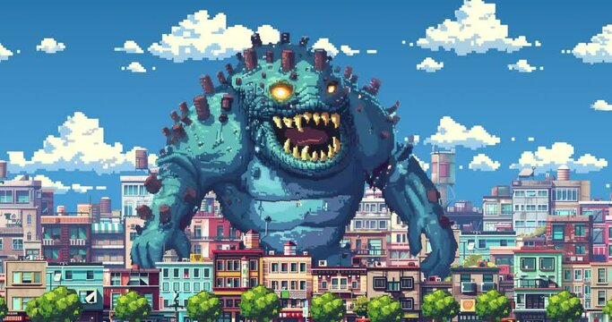 4k loop animation collage. Monster invasion in the city. Pixel art
