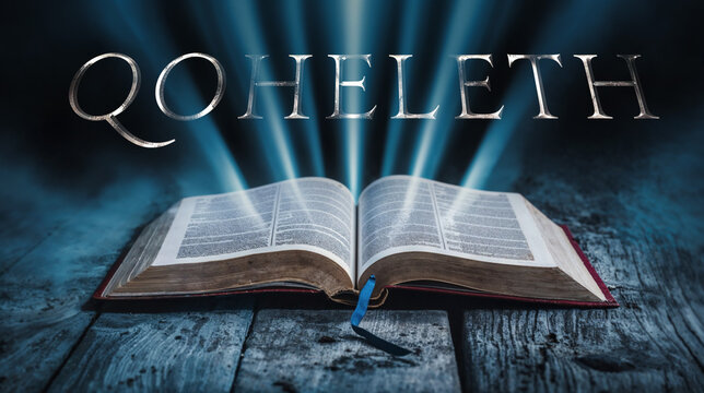 The book of Qoheleth. Open bible with blue glowing rays of light. On a wood surface and dark background. Related to this book: Wisdom, Vanity, Meaning, Life, Futility, Reflection, Purpose, Time, Enjoy