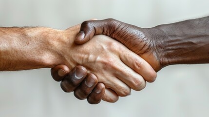 Fototapeta premium two hands shaking hands, one hand is that of a white man, the other is that of a black man.