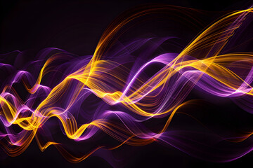 Intricate neon yellow and purple waves in psychedelic motion. Vibrant artwork on black background.
